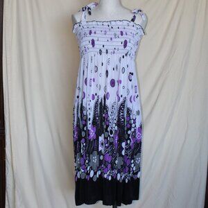 FC White & Purple Circle/Floral Print Midi Sun Dress